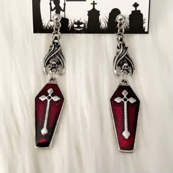 HOOUN Gothic Vampire Bat Coffin Earrings Alternative Halloween Red Ename Cross Jewelry-01#Vampire Bat Cross Earrings