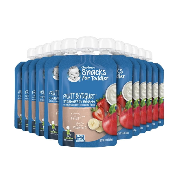 Bolsitas de comida para bebés Gerber para niños pequeños de 12 meses o más, yogur de frutas