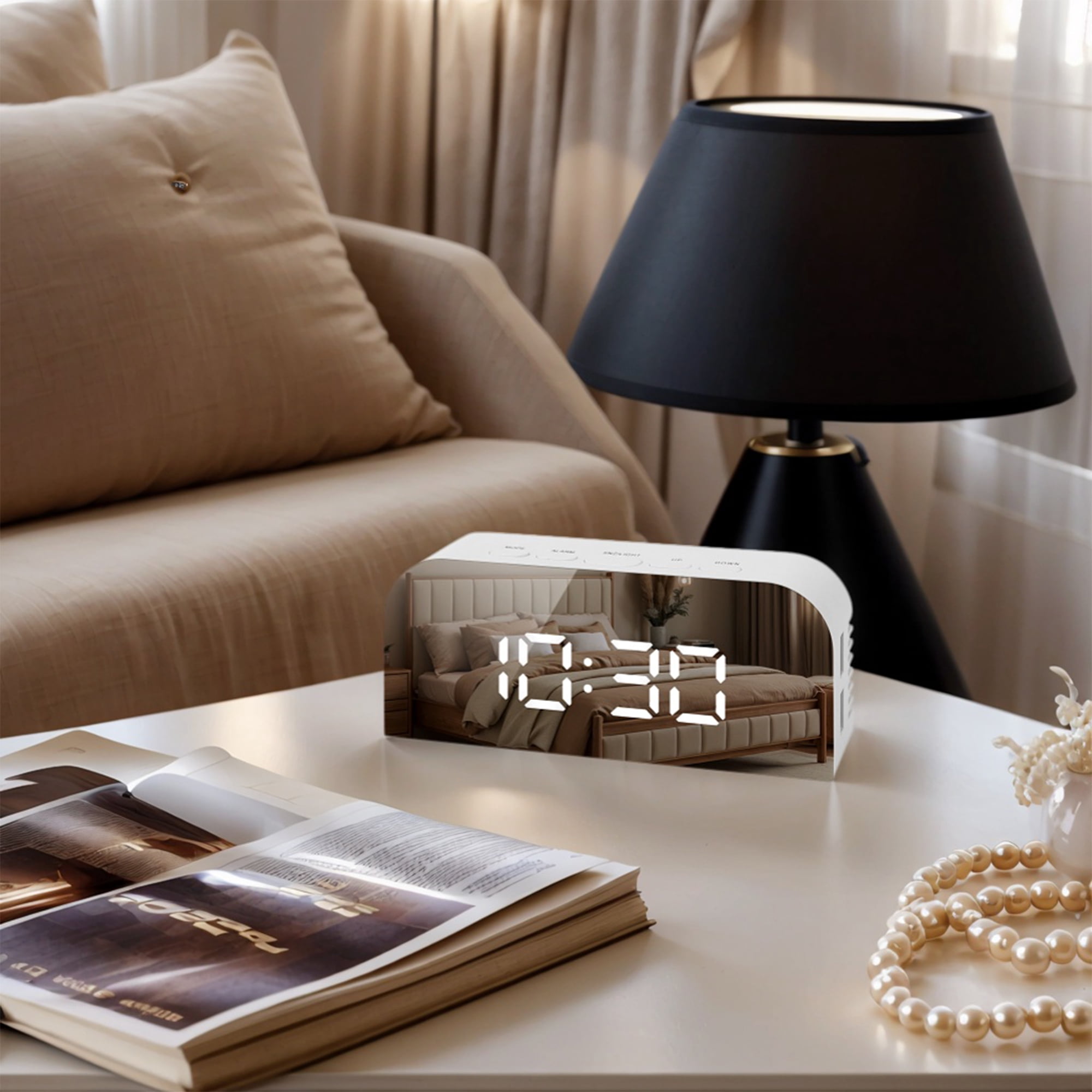 Unique Bargains LED Alarm Clock White Housing and Black Mirror 5.5"L x 1.36"W x 2.4"H