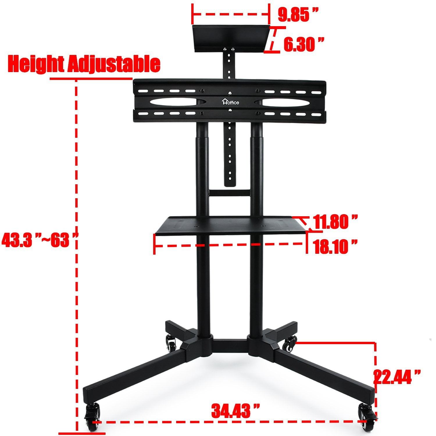 Hoffice Mobile Tv Stand Cart Adjule 32 65 Inches Lcd Led Flat Panel Screen Rolling Mount With Two Shelves And Wheels Supports Up To 110