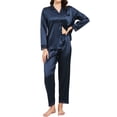 thumbnail image 3 of Luxury Women's Silk Satin Pajama Set - Long Sleeve Lace Trim Lapel Sleepwear Nightwear Loungewear, Navy Blue, L, 3 of 10