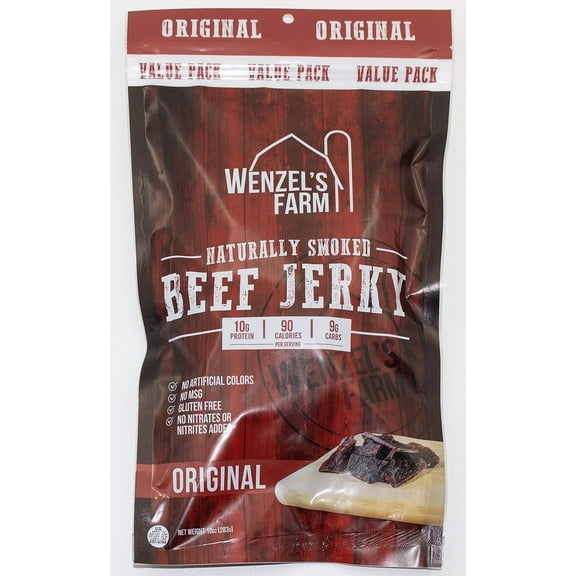 Wenzel’s Farm Original Beef Jerky, Naturally Hickory Smoked, Gluten Free, No MSG, High Protein Low Carb, 10 oz. Value Pack
