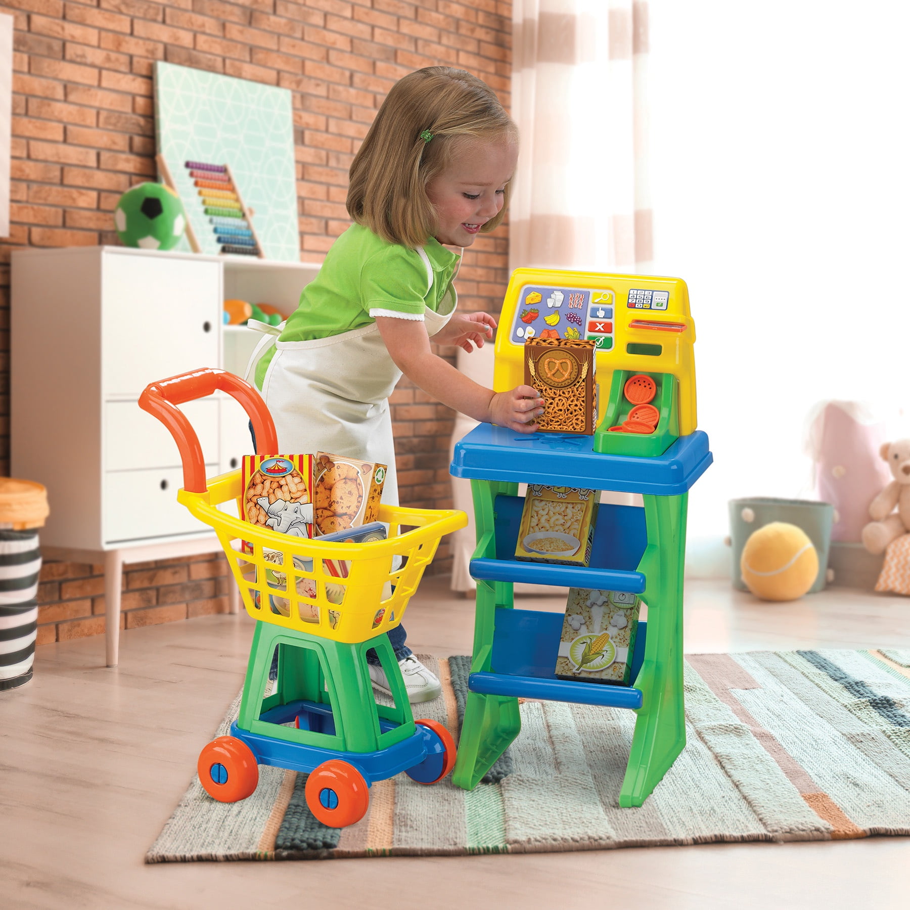 American Plastic Toys My Very Own Market Stand Set with Cash Register and Shopping Cart, 13 Piece Set for Kids