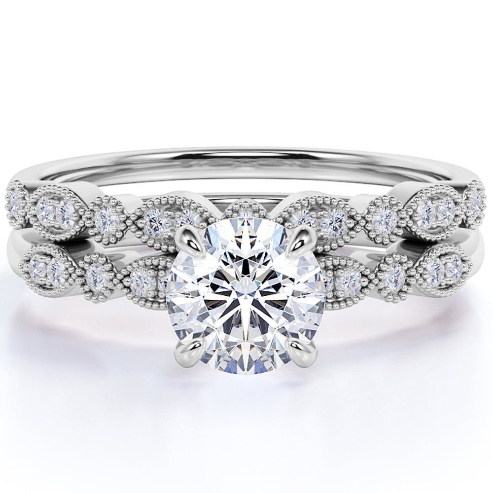 JeenMata 1.75 carat Round Cut Moissanite Wedding Set with Art Deco Band in 18k White Gold Over Silver