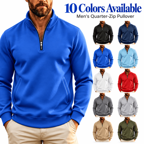 happyYEE Quarter Zip Sweatshirt for Men - Fall Stand Neck Fleece Sweatshirt - Casual Warm No Hood Pullover Tops with Pockets