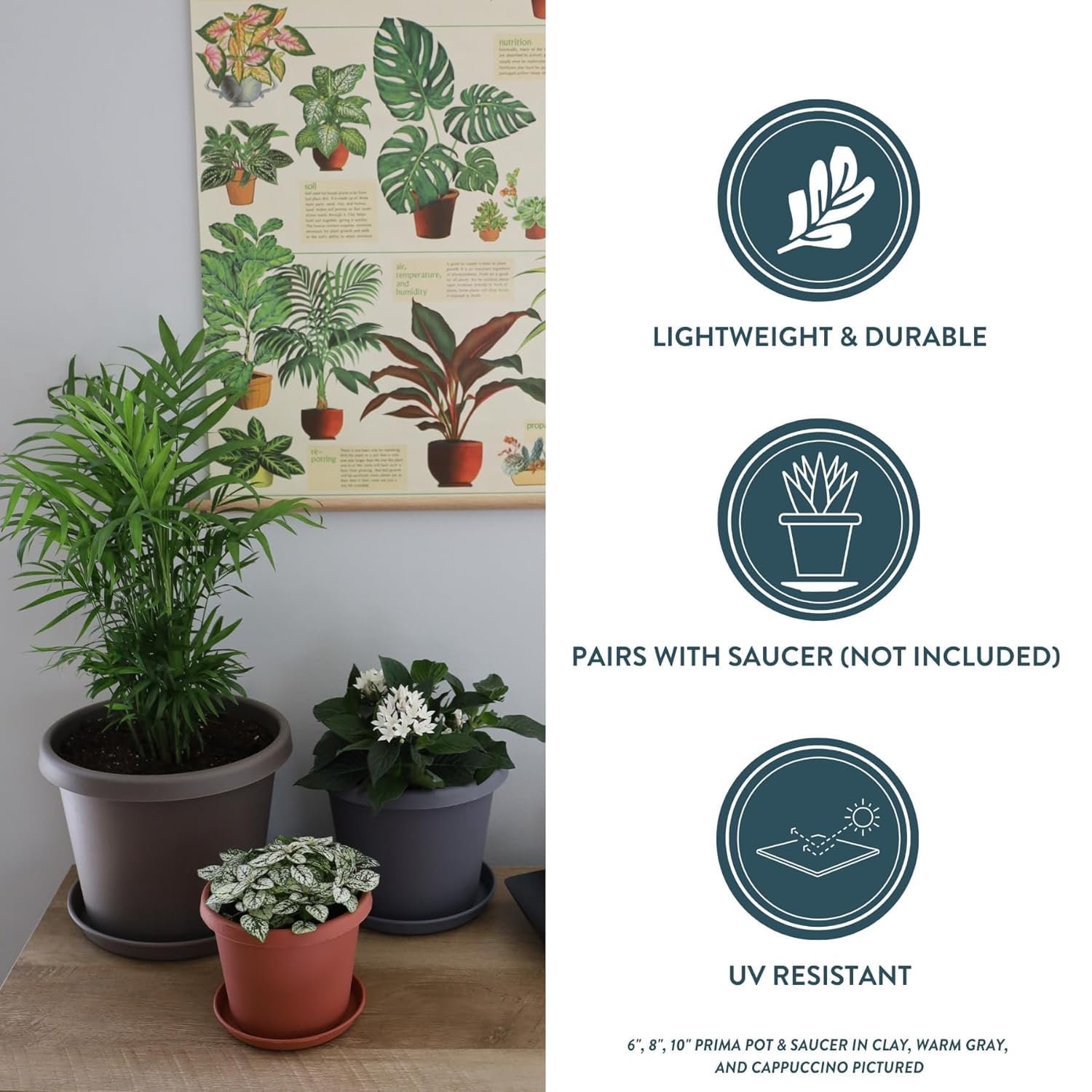 The HC Companies 20 Inch Round Prima Planter - Large Plastic Plant Pot with Rolled Rim for Indoor Outdoor Plants Flowers Herbs, Clay