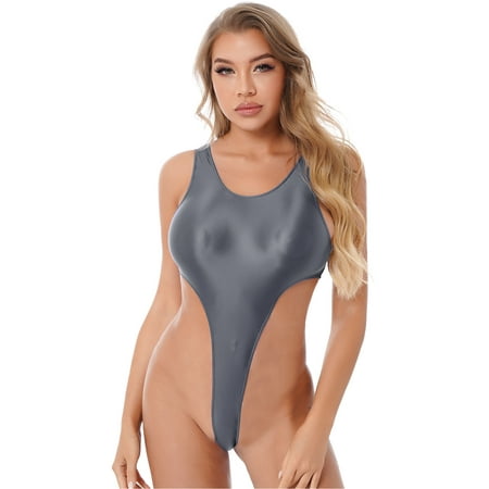 Jowowha Womens Sexy Backless High Cut Thong Leotard Silk Tight Teddy Lingerie Summer Swimsuits Grey M