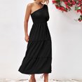 thumbnail image 7 of Edvintorg Women's 2025 Solid Summer Dress One Shoulder Sundresses Short Sleeve Casual Ruffle Party Beach A-Line Dresses Maxi Dresses for Women Black M, 7 of 7