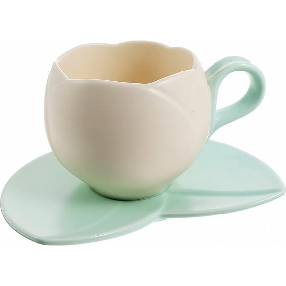 Ceramic Taza De Tulipan Krus Tulip Mug, Taza En Forma De Tulipan Rosa Porcelain Cute Cup and Saucer Set for Tea Coffee Milk (Beige)