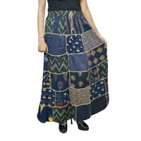 Mogul Bohemian Boho Chic Blue Gypsy Patch Maxi Skirt Printed Rayon A-Line Flare Long Skirts