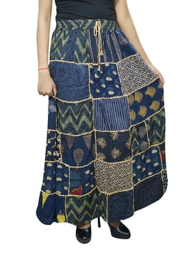 Mogul Bohemian Boho Chic Blue Gypsy Patch Maxi Skirt Printed Rayon A-Line Flare Long Skirts