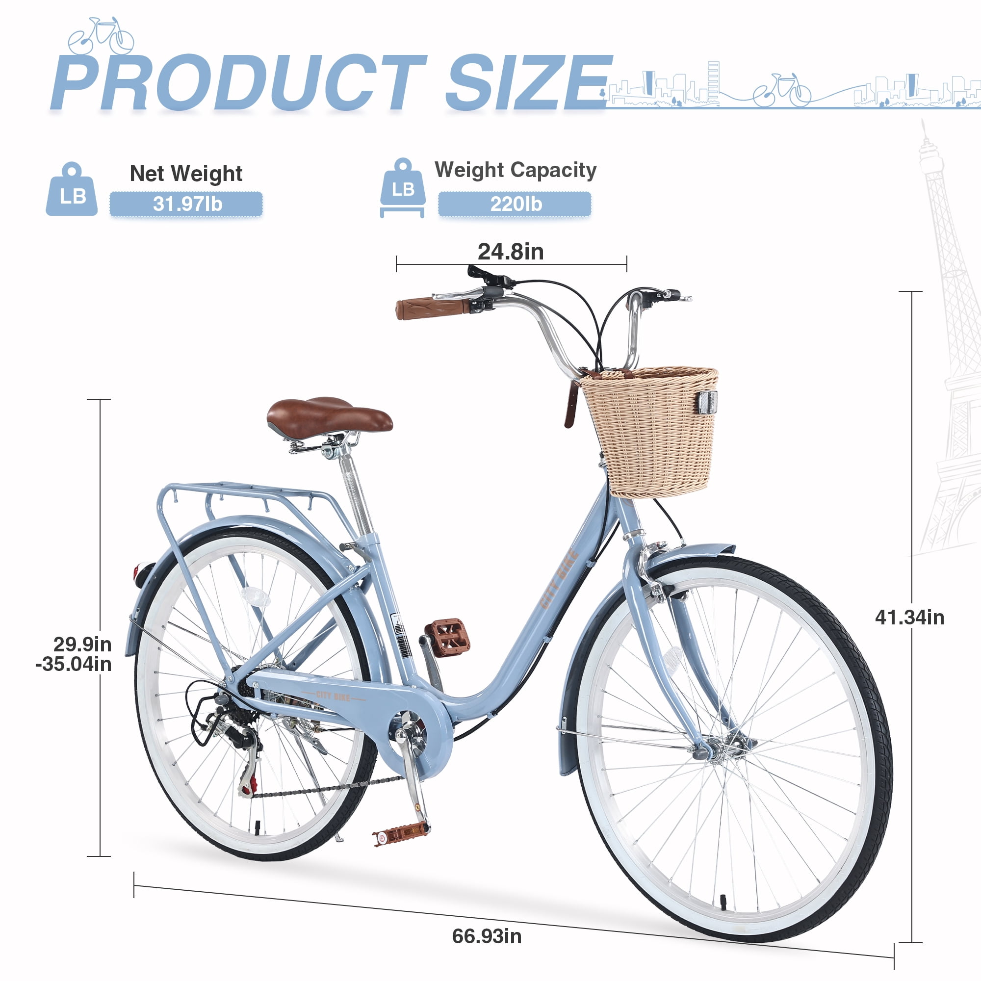 Aukfa Cruiser Bike, Hybrid Bikes with Basket for Women Adult,Blue