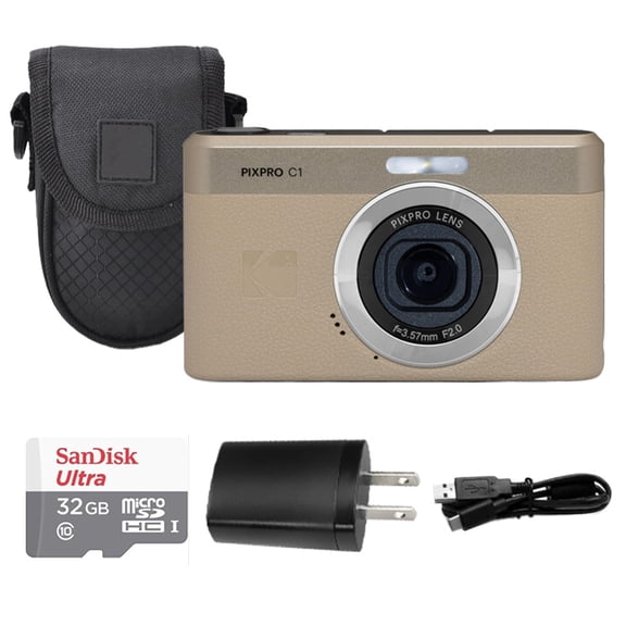 Kodak PIXPRO C1 Compact Digital Camera Tan   32GB Memomory Card   Case