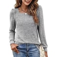 thumbnail image 3 of Mujeres cuadrado Masajeadores de cuello camiseta moda casual color puro plisado manga larga Tops para las compras del trabajo, 3 of 7