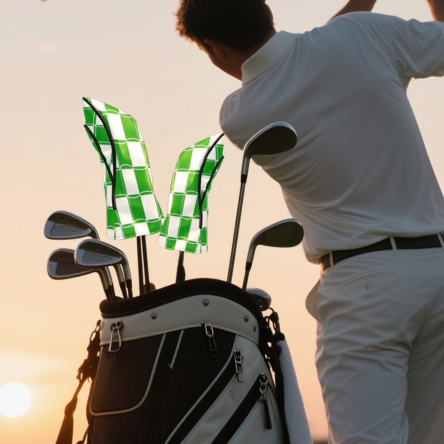 Golf Club Headcovers High Quality Waterproof Leather Golf Head Cover Set Men Women Driver Head Cover Exclusive Gift for Golf Lovers Green Grid