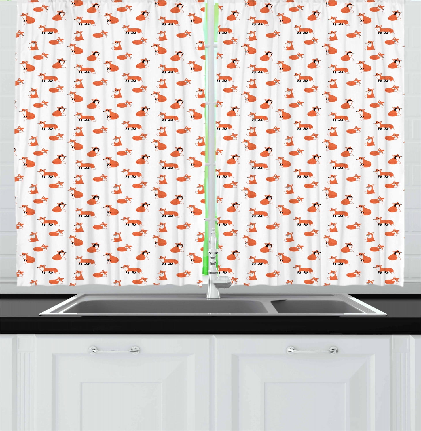 Fox Curtains 2 Panels Set Hand Drawn Funny Fox Playing Peekaboo Sleeping And Sitting Cartoon Animal Pattern Window Drapes For Living Room Bedroom 55w X 39l Inches Orange White By Ambesonne