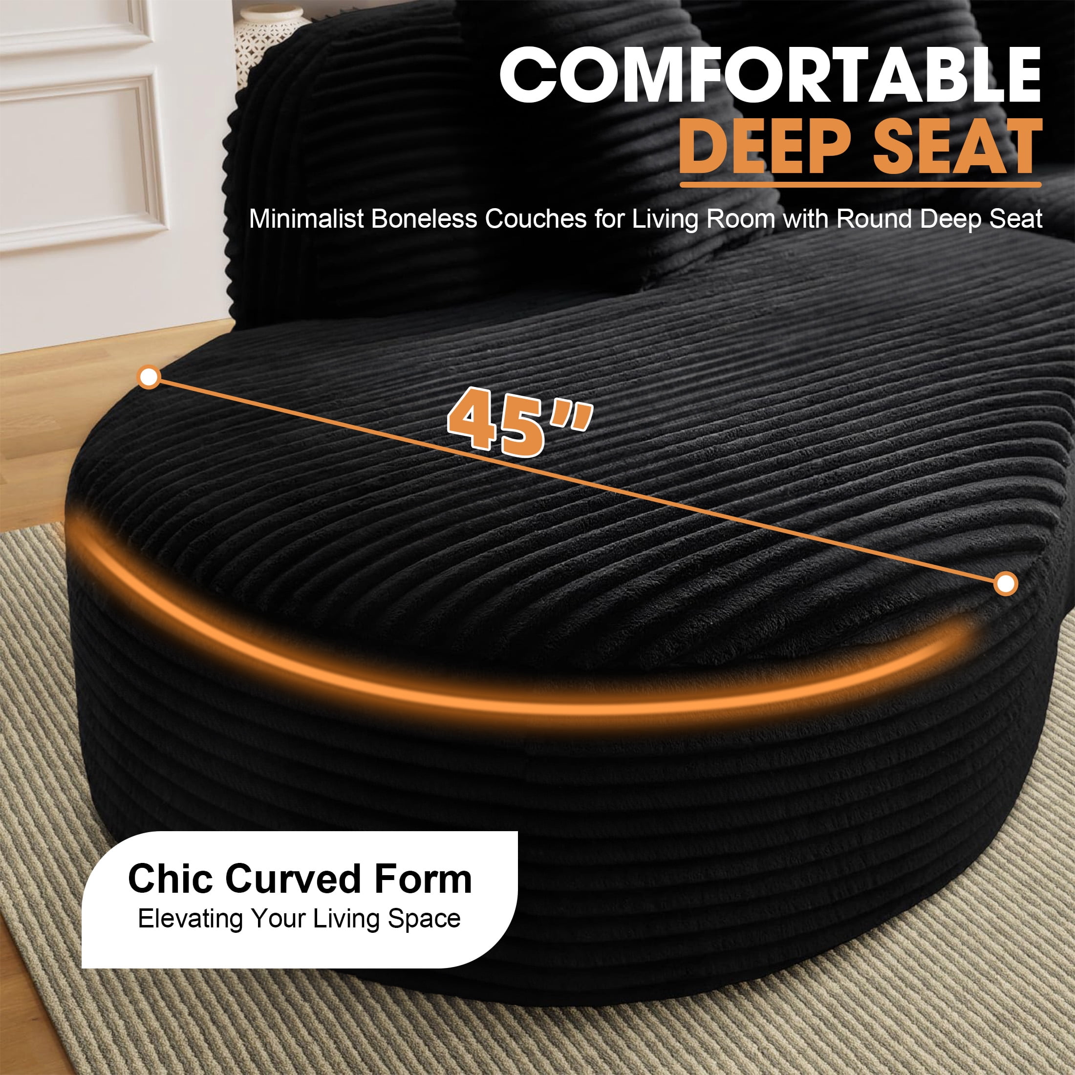 Aukfa 123.2" Oversized Cloud Sectional Sofa – Curved Upholstered Living Room Couch with 3 Pillows, No Assembly, Black