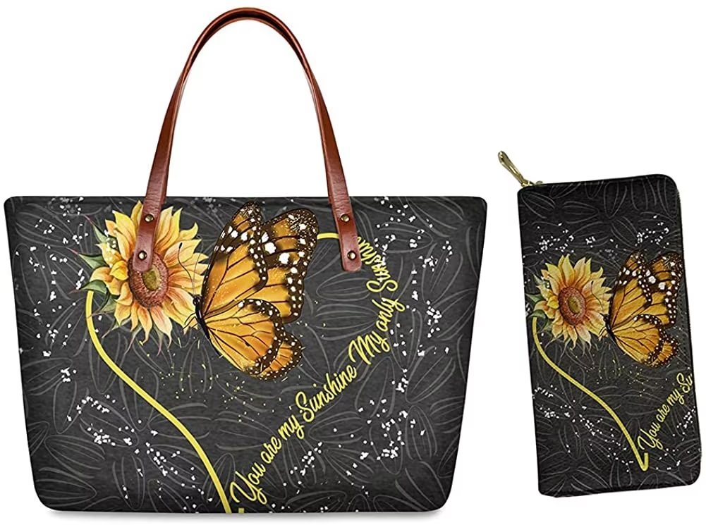 Renewold Sunflowers Butterflies Print Handbags and Wallet Women