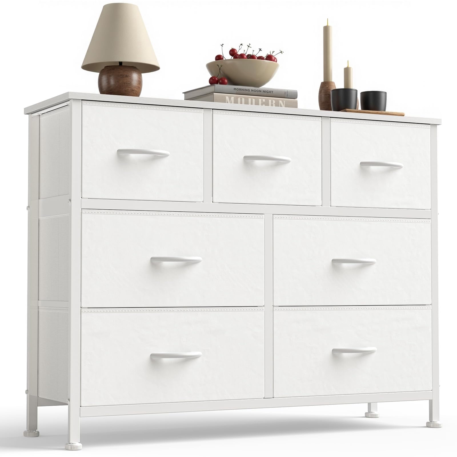 Telyra 7-Drawer Fabric Dresser TV Stand Organizer with Wood Top and Metal Frame Wide Storage Chest, White
