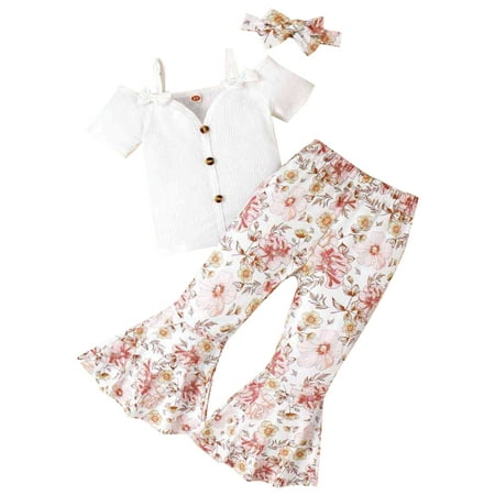 

ZRBYWB Summer Toddler Girls Clothes Short Sleeve Ribbed Bowknot Tops Floral Print Bell Bottoms Pants Headbands Outfits Cute Clothes