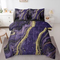 Homewish Mystic Purple Marbling Bedding Comforter Set 7pcs for Women, Art Abstract Marble Queen Bedding Sets, Watercolor Reversible Queen Sheet Sets, Luxury Bedroom Decor