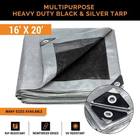 16' x 20' Heavy Duty Silver/Black Waterproof UV Blocking 10 Mil Poly Tarp
