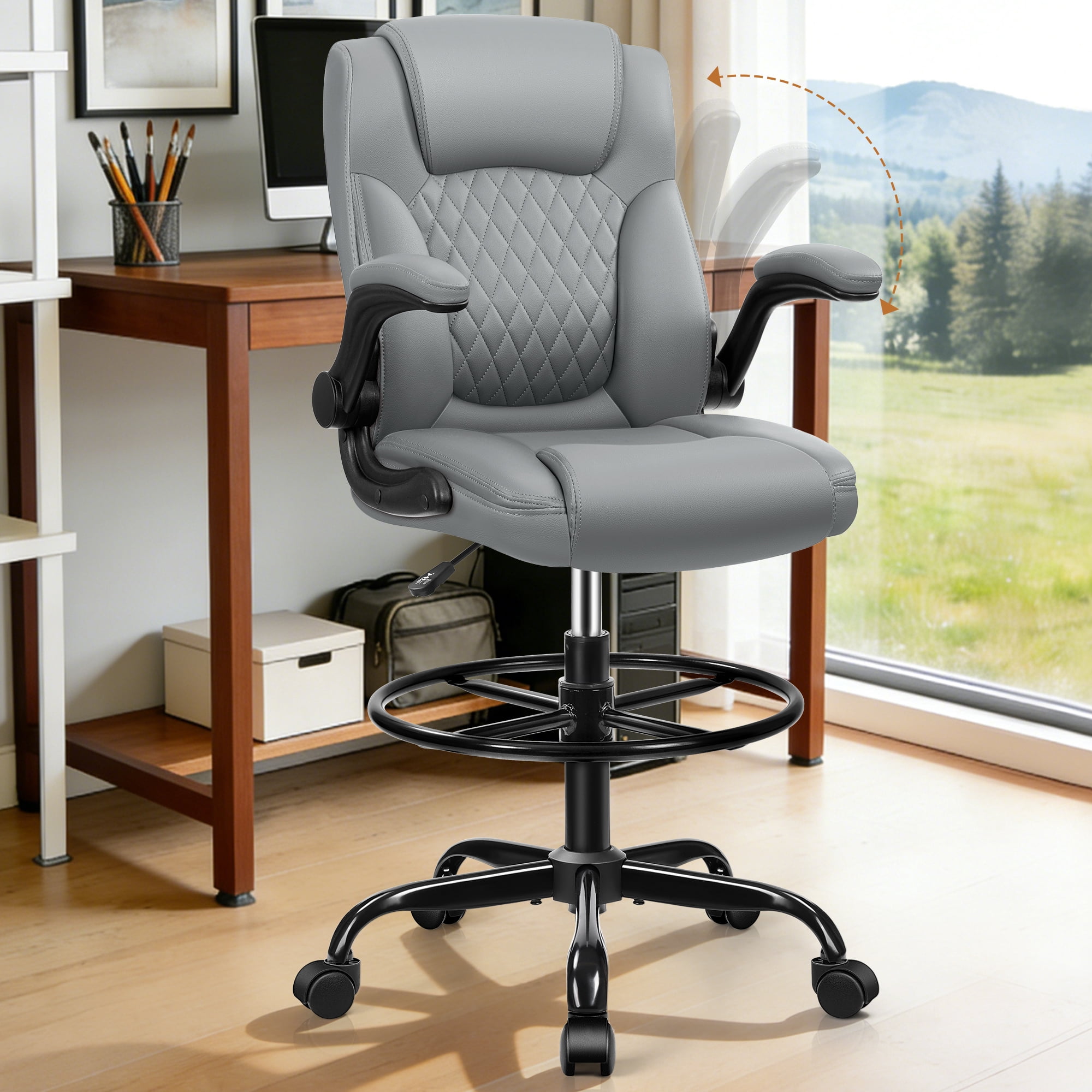 COOLHUT High Back Office Chair with Flip-Up Armrests, PU Leather Executive Ergonomic Computer Chair, Features Lumbar Support, Adjustable Foot Ring for Standing Desks, Home Offices, Gray