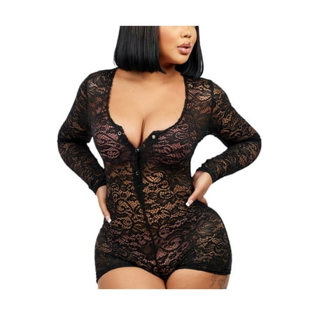 

LSFYSZD Women Lace Lingerie Adults See-through Floral Long Sleeve U-shaped Neck Playsuit