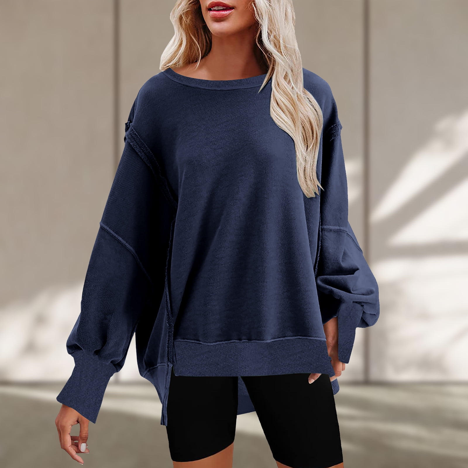 ZQGJB Sweatshirts for Women Crewneck Fall Lightweight Solid Color 2023  Fashion Warm Oversized Long Sleeve Side Slit Slouchy Fit Pullover Tops Navy  XL