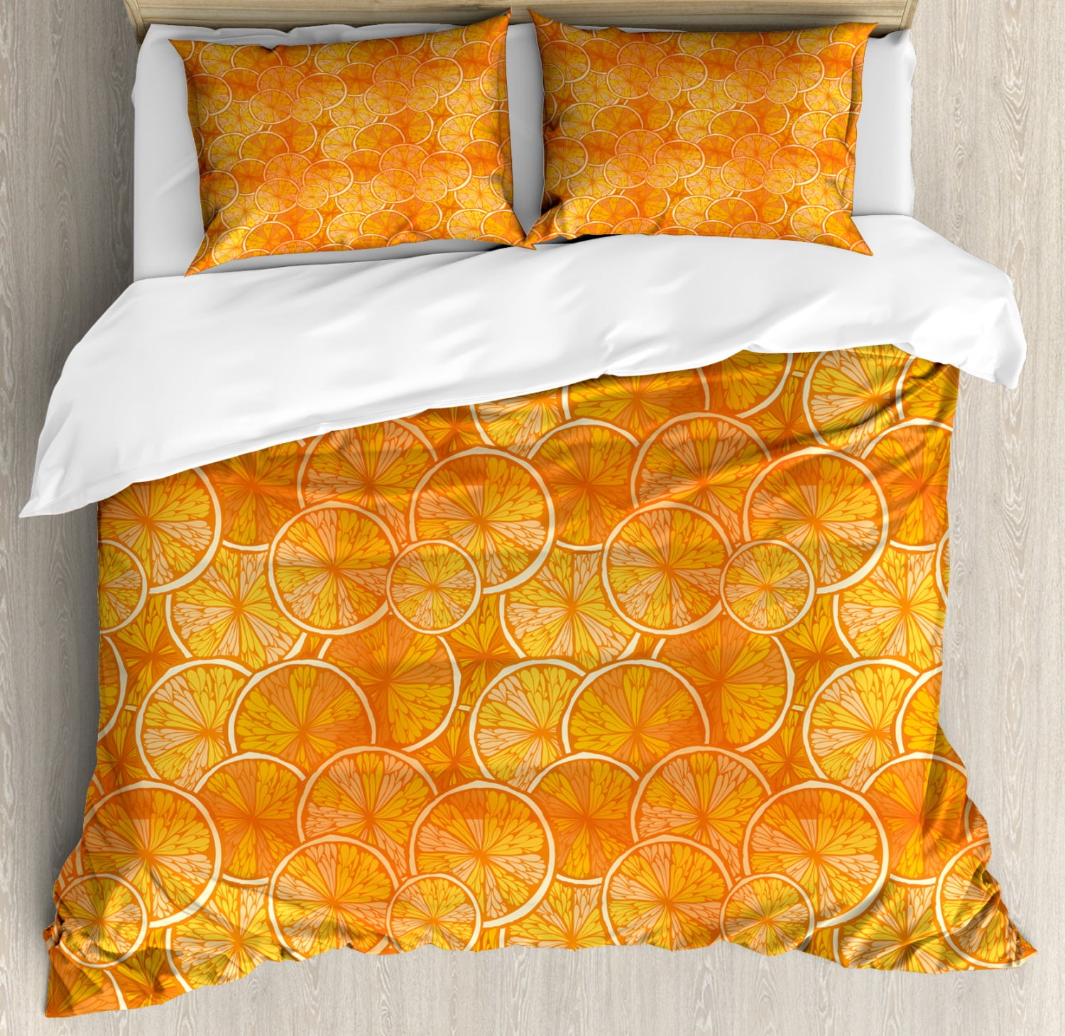 Tangerine Duvet Cover Set, Repeating Fruit Pattern with Round Slice of Oranges, Decorative