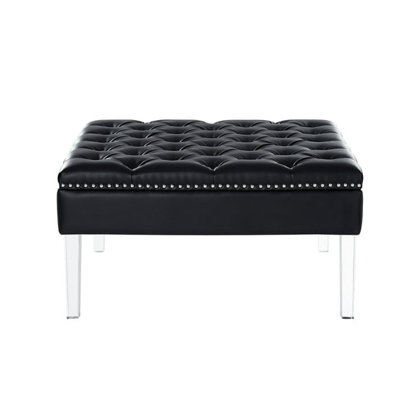 Inspired Home Vivian Leather Oversized, Black Leather Tufted Ottoman Coffee Table