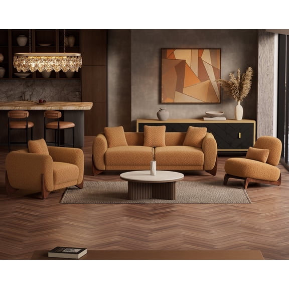 Morden Fort Sherpa Fabric Single Sofa Chair, Armless Chair and 3-Seater Couch Set, Modern 3 Pcs Sofa Living Room Set, Apartment, Reception Room, Caramel