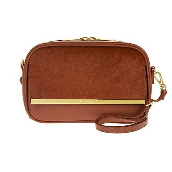JOY & IMAN Luxe Leather & Calf Hair Crossbody Bag with RFID ~ Brown Cognac