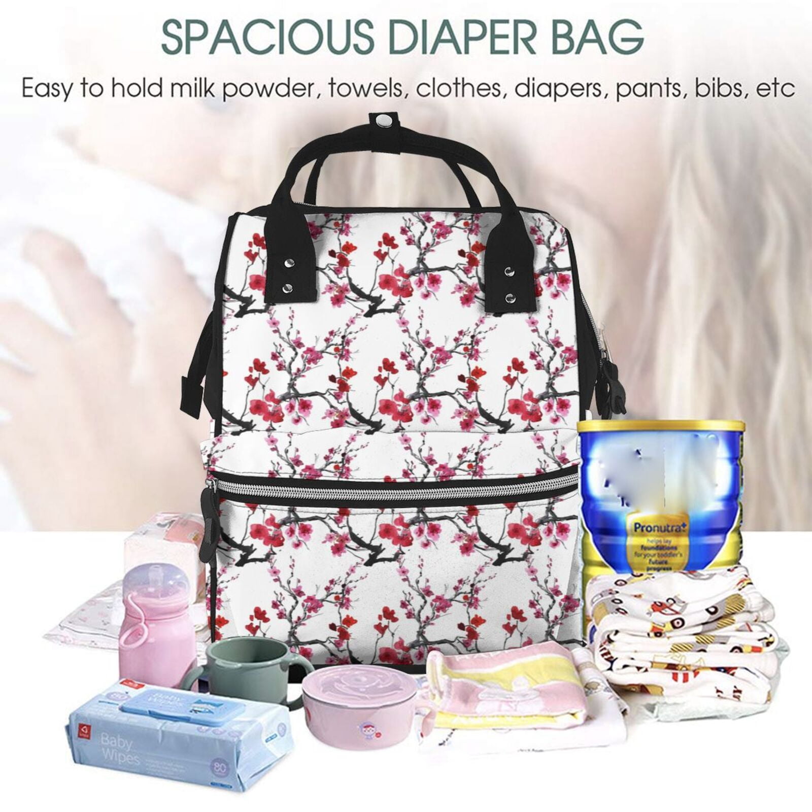Ratiio Cherry Blossoms Mummy Backpack - Waterproof Twill Canvas, Large Capacity Diaper Bag with Multiple Pockets and Adjustable Straps