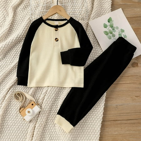 

Hunpta Winter Toddler Baby Girl Boy Color Block Knit Walf Checks Outfit Kids Cotton Long Sleeve T Shirt Tops Pants Set 2Pcs