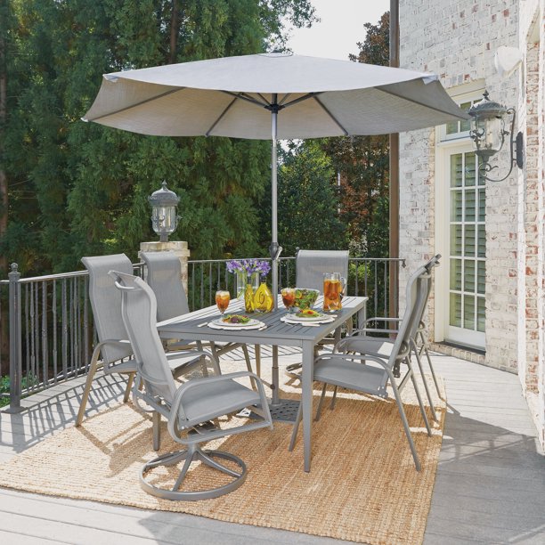 Daytona 9 Pc Rectangular Outdoor Dining Table 4 Arm Chairs 2 Swivel Rocking Chairs With Umbrella Base Walmart Com Walmart Com