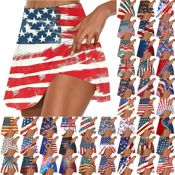 QATAINLAV 4th of July Skorts for Women, Women American Flag Graphic Athleti Skirts 2024 Summer Casual Fake Two Piece Yoga Shorts Hoy Oferta Flash Blue XL