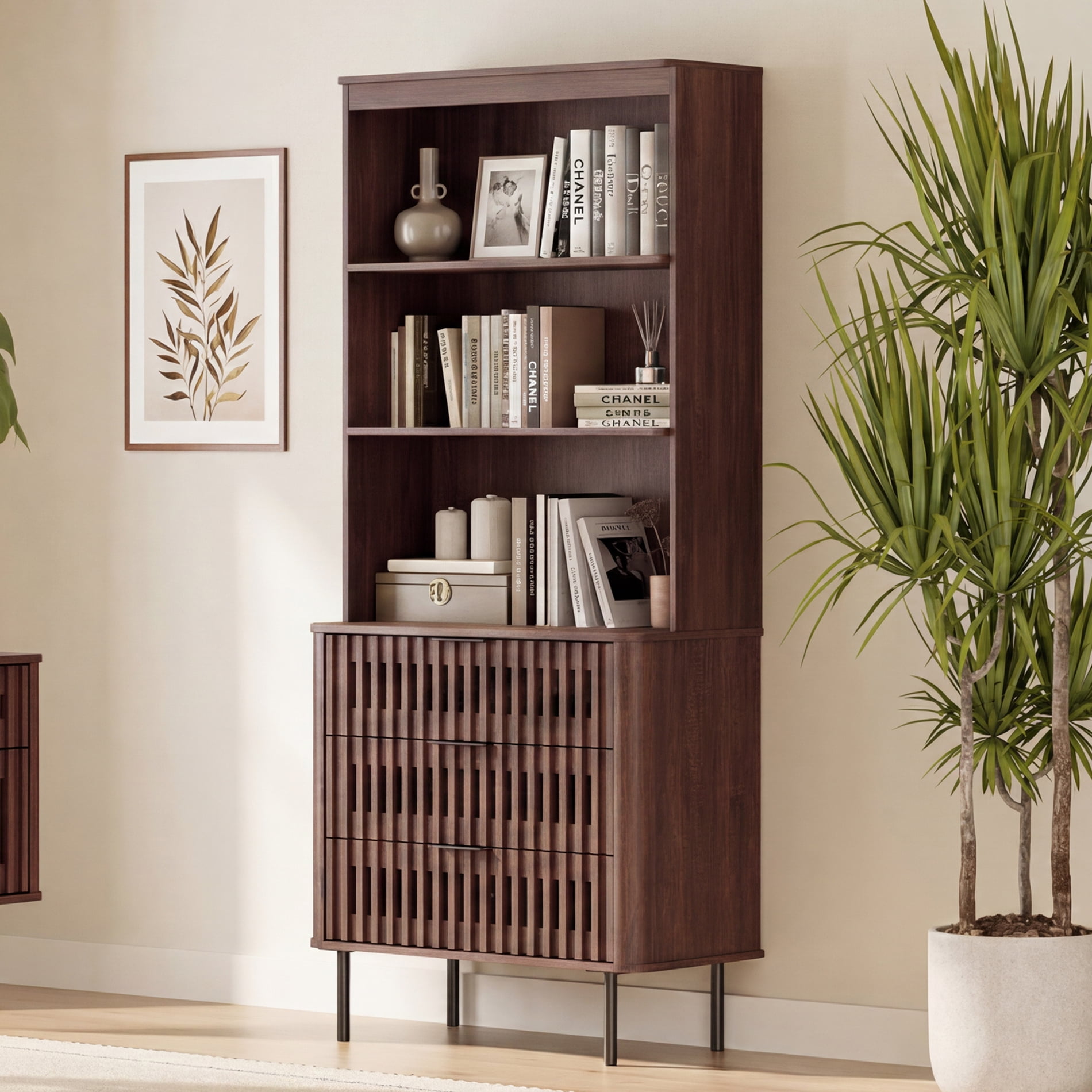 WAMPAT 72.8" Tall 3-Tier Bookshelf with Large Drawer, Modern Bookcase with Storage, Adjustable Shelves, Wood Storage Cabinet, Walnut, 3 PCS