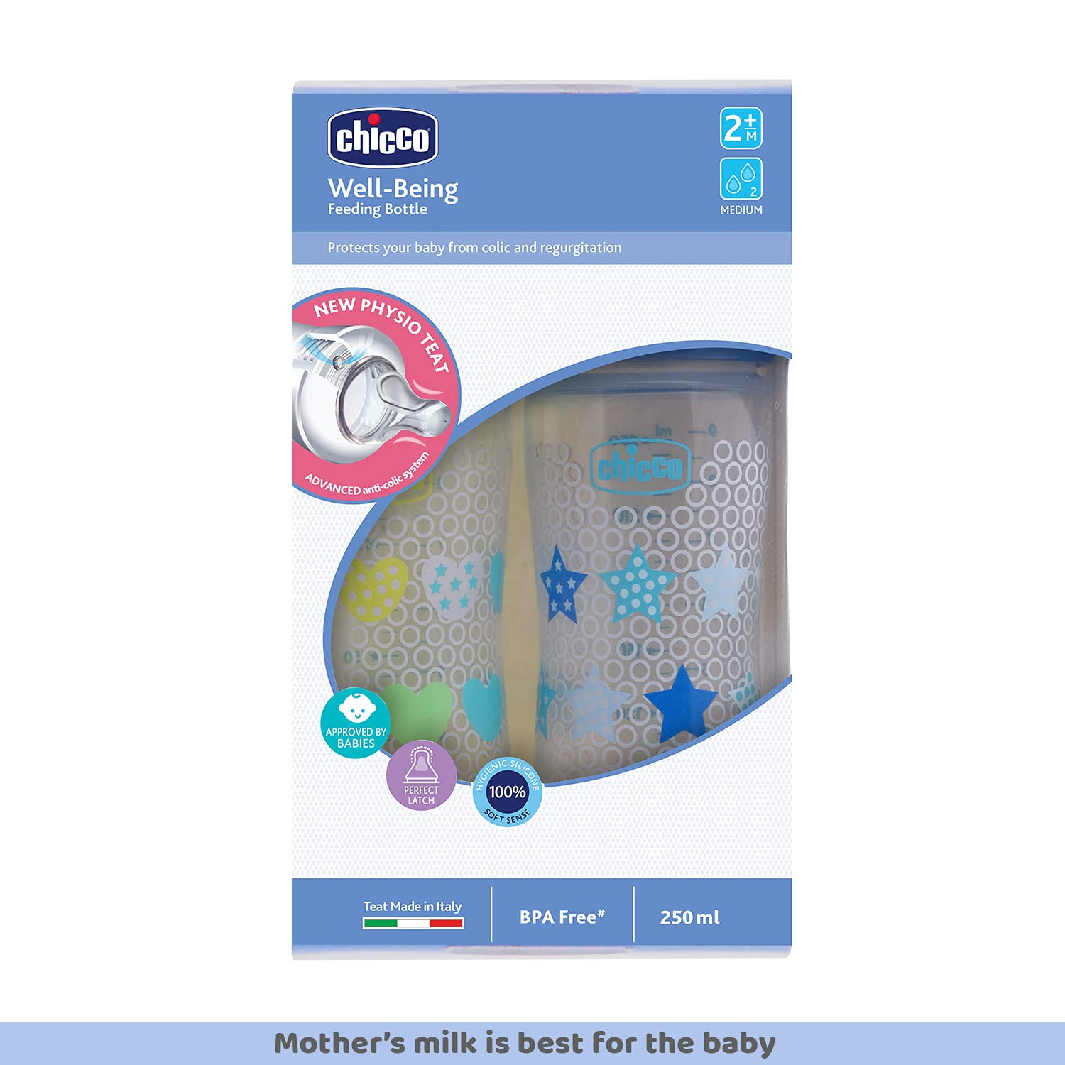 Chicco Well-Being Bipack 250 ml Feeding Bottle, Advanced Anti-Colic System, BPA Free, Hygienic Silicone Teat (Blue & Green)