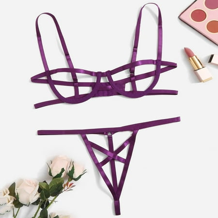 

Quealent Plus Size Lingerie For Women Women Slim Decor Cut Out Underwire Lingerie Set Two Piece Underwear Bowknot Lace Lingerie Purple Medium