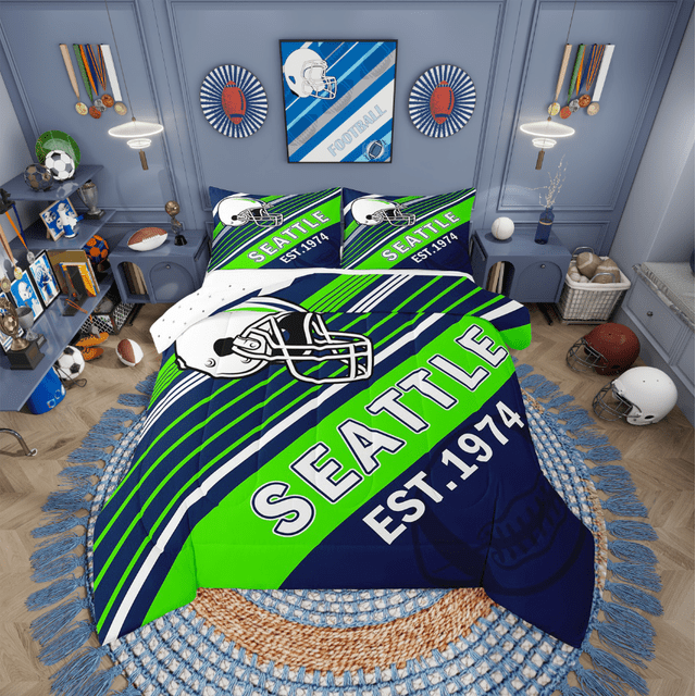Erosebridal Ensembles de Douillette Rugby Format Tout-Petit pour Garçons, Douillettes et Couettes Sport à Rayures, Décor de Jeu de Football (Seattle), Réversible, Respirant, 2 Pcs