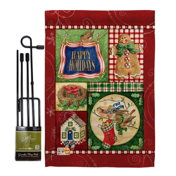 Breeze Decor BD-XM-GS-114162-IP-BO-D-US18-AM 13 x 18.5 in. Happy Holiday Gingerbread Winter Christmas Impressions Decorative Vertical Double Sided Garden Flag Set with Banner Pole