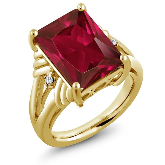 Gem Stone King 18K Yellow Gold Plated Silver Red Created Ruby and White Moissanite Engagement Ring for Women (5.03 Cttw, Gemstone July Birthstone, Emerald Cut 14X10MM, Size 6)