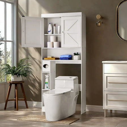 VEVOR Over The Toilet Storage Cabinet, 67.44 in Height Bathroom Storage Organizer with Double Door and Adjustable Shelf, Bathroom Space Saver Organizer Above Toilet with Open Shelf, White