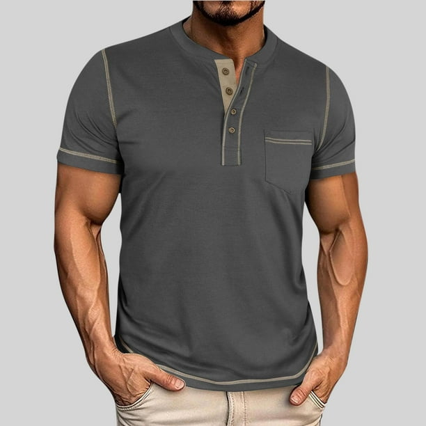 Tops para hombre, blusas y camisas de manga corta con cuello redondo para hombre, blusas casuales de moda para hombre, blusas de manga corta con cuello redondo de color liso, blusa de poliéster para h