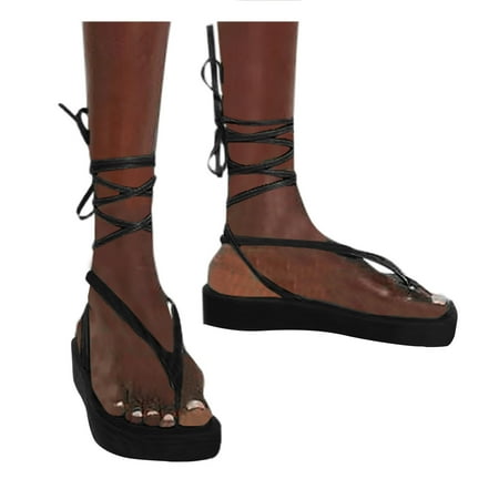 

YTJX Women s Fashion Casual Flat Platform Flip Flops Slippers Lace Up Beach Shoes