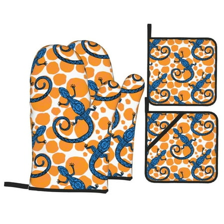 

Oven Mitts and Pot Holders 4 Piece Bohemian Lines Gecko Lizards High Heat Slip Resistant Oven Mitt and Trivets Set Kitchen Oven Glove Pot Holders for Cooking Baking Grilling