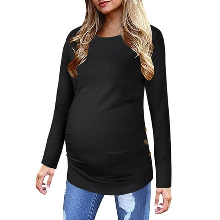 

Eurivicy Maternity Shirt Side Button and Ruched Tunic Tops Maternity Long Sleeve Blouses S-2XL