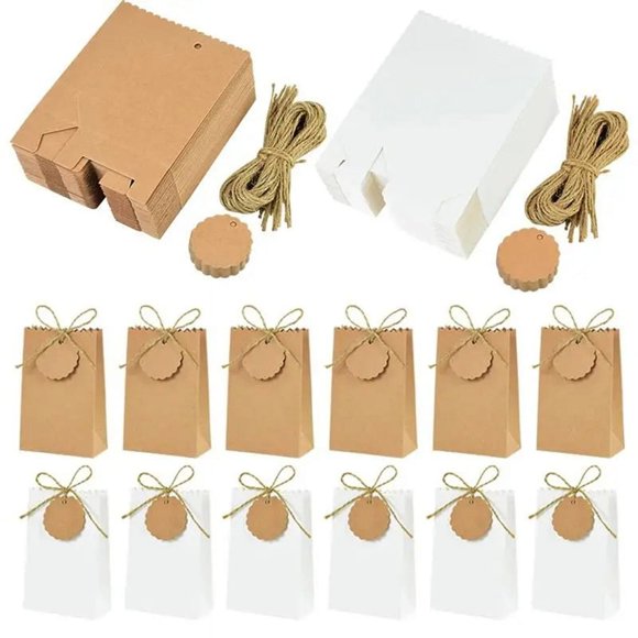 50Set Kraft Paper Gift Box with Rope Retro Candy Cookie Bag Wedding Birthday Supplies Packaging