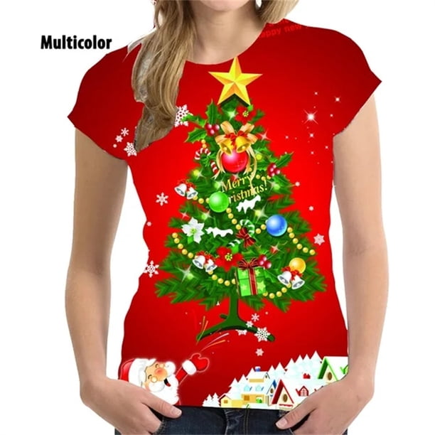 Camiseta con estampado de árbol de Navidad para mujer, ropa de Navidad, XS-4XL, 3D, manga corta, moderna, gran oferta
